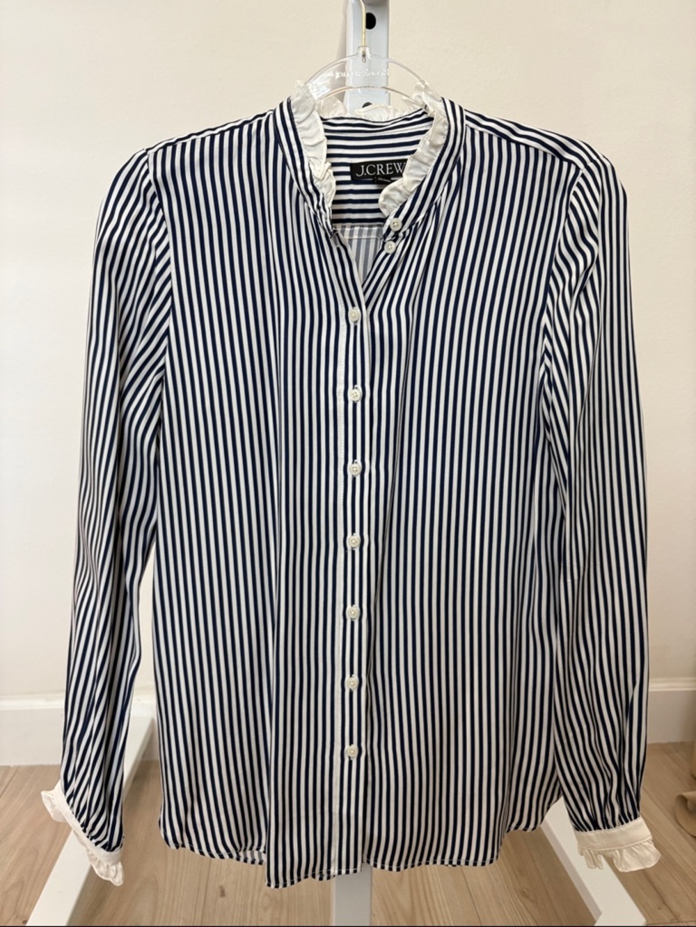 J. Crew Navy and White Vertical Stripe Ruffle-Collar Button Down